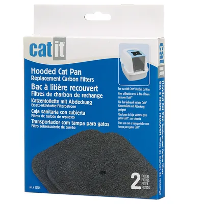catit Hooded Cat Pan Replacement Carbon Filters, förpackning med 2 kolfilter. Text på flera språk och bild av filter samt kattlåda med lock synlig på förpackningen.