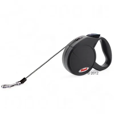 Автоматичен повод Flexi с черна пластмасова дръжка и метална карабинка, видима марка Flexi върху корпуса.