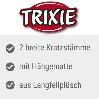 TRIXIE. 2 breite Kratzstämme, mit Hängematte, aus Langfellplüsch (teksti saksaksi).
