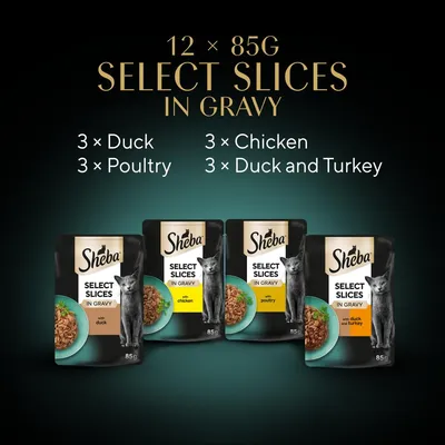 Sheba Select Slices in Gravy, 12 x 85g pouches: 3 Duck, 3 Poultry, 3 Chicken, 3 Duck and Turkey. Image shows four pouch varieties.