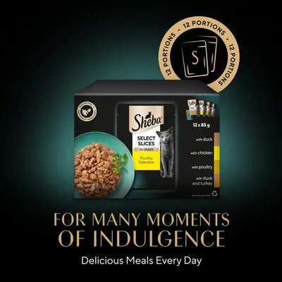 Sheba Select Slices in Gravy Poultry Selection, 12 x 85g portions with duck, chicken, poultry, and duck with turkey. Text: For many moments of indulgence. Delicious meals every day.