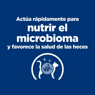 Acción rápida para nutrir el microbioma y favorecer la salud de las heces. Símbolo con un gato y un intestino.