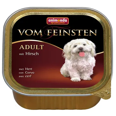 Embalagem de comida húmida para cão Animonda Vom Feinsten Adult mit Hirsch, com imagem de um cão pequeno branco e texto em várias línguas: con Cervo, met Hert, avec cerf.