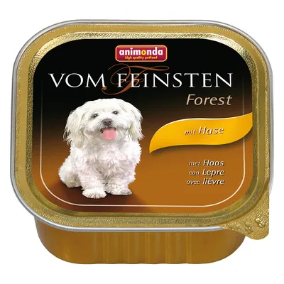 animonda Vom Feinsten Forest hondenvoer, met haas. Tekst op verpakking: mit Hase, met Haas, con Lepre, avec lièvre. Afbeelding van een witte hond op de voorkant.