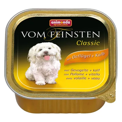 animonda Vom Feinsten Classic hondenvoer, met gevogelte en kalf. Tekst: mit Geflügel + Kalb, met Gevogelte + kalf, con Pollame + vitello, avec volaille + veau.