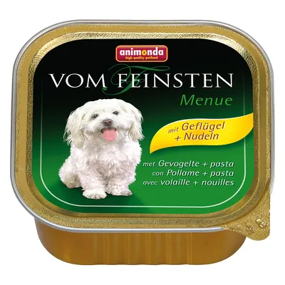 Animonda Vom Feinsten Menue natvoer voor honden, met gevogelte en pasta. Tekst: mit Geflügel + Nudeln, met Gevogelte + pasta, con Pollame + pasta, avec volaille + nouilles.