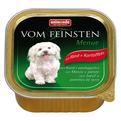 Animonda Vom Feinsten Menue hondenvoer, met rund en aardappelen. Tekst: mit Rind + Kartoffeln, met Rund + aardappelen, con Manzo + patate, avec boeuf + pommes de terre.