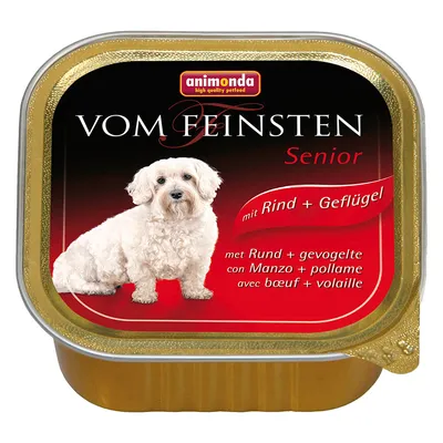 animonda Vom Feinsten Senior hondenvoer, met rund en gevogelte. Tekst op verpakking: mit Rind + Geflügel, met Rund + gevogelte, con Manzo + pollame, avec bœuf + volaille.