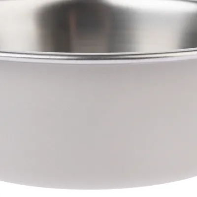Close-up of a silver stainless steel bowl without visible brands or additional information.