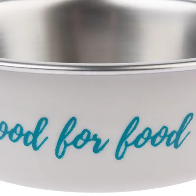 Metal food bowl with white exterior and turquoise "good for food" lettering.
