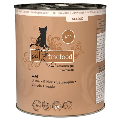 Catz Finefood Classic Nr. 9 Wild. Bez přidaného cukru, bez obilovin, bez testování na zvířatech. Složení: zvěřina. Analýza: protein 11 %, tuk 6 %.