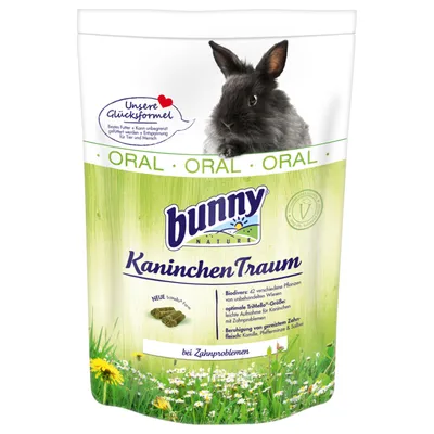 Emballage Bunny Nature KaninchenTraum, texte visible : ORAL, Unsere Glücksformel, Biodivers: 42 verschiedene Pflanzen, optimale TriMello-Größe, bei Zahnproblemen. Image d’un lapin noir.