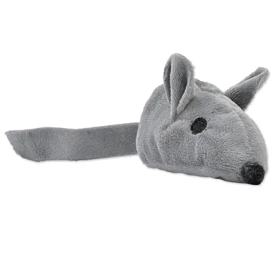 Jouet en forme de souris grise en tissu peluche, avec longues oreilles et queue, yeux et nez noirs brodés, sans marque visible.