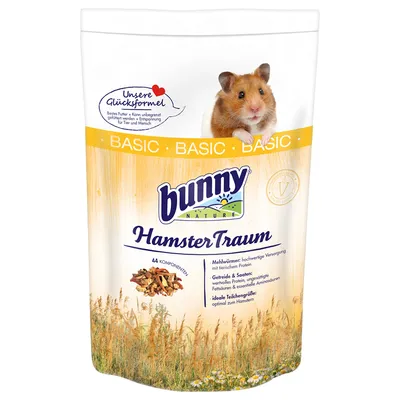 Förpackning bunny nature Hamster Traum BASIC. Text: Unsere Glücksformel, 44 Komponenten, Mehlwürmer: hochwertige Versorgung, Getreide & Saaten, ideale Teilchengröße.
