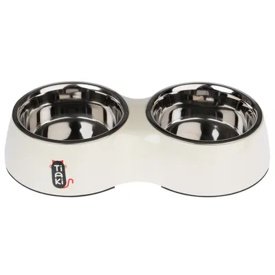 Tiaki double bowl made of stainless steel with white plastic holder, suitable for food and water.