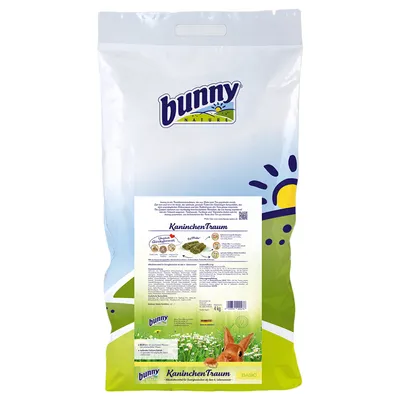 Bunny Nature KaninchenTraum Basic, 4kg. Hrană pentru iepuri cu ingrediente naturale și rețetă echilibrată. Ambalajul prezintă detalii despre produs și caracteristici de calitate.
