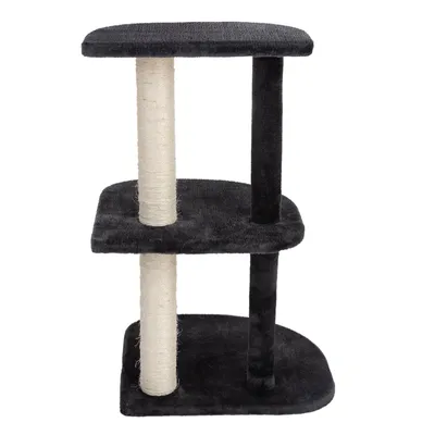 Cat tree with three levels, black fabric cover and a central sisal post.