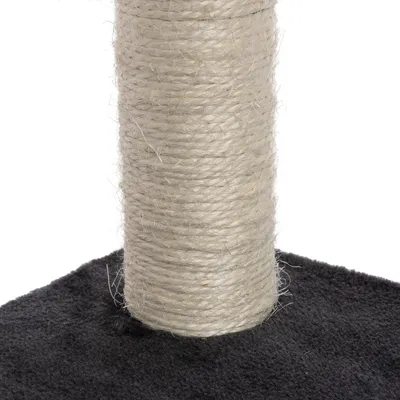 Scratching post made of light sisal on black carpet base.
