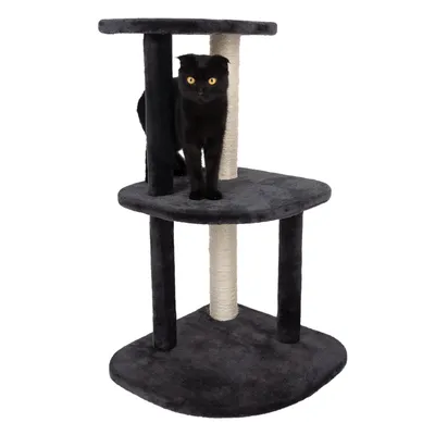 Cat tree with three levels, dark grey, sisal scratching post in the centre. Black cat stands on the middle level.