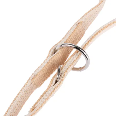 Nahaufnahme eines beigen Stoffhalsbands mit silbernem Metallring und stabiler Naht.