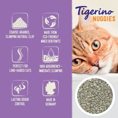 Tigerino Nuggies. Tekst na engleskom: coarse-grained, clumping natural clay; made from eco-friendly mined bentonite; perfect for long-haired cats; high absorbency – immediate clumping; lasting odour control; made in Germany.