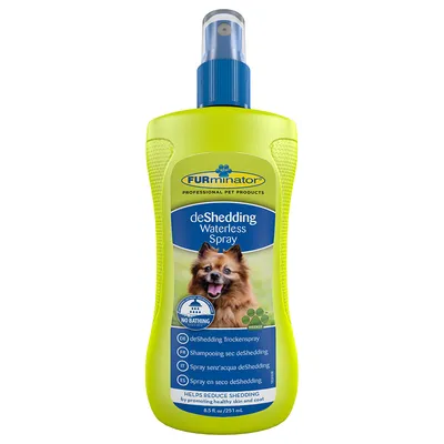 deShedding Waterless Spray bottle, labelled to help reduce shedding by promoting healthy skin and coat. No bathing required. 251ml size shown with multilingual instructions.