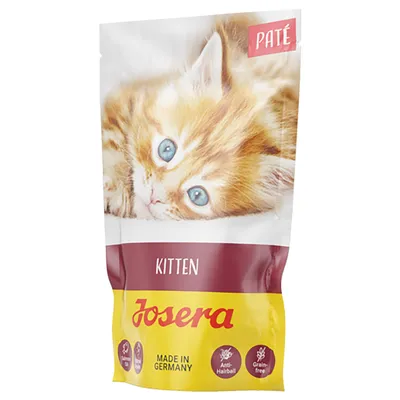 Josera Kitten Paté, vyrobené v Nemecku, proti tvorbe bezoárov, bez obilnín. Balenie s obrázkom oranžového mačiatka.