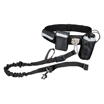 Ceinture noire avec poches, mousqueton métallique et laisse élastique attachée, sac latéral en tissu noir, éléments réfléchissants visibles.