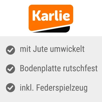 Karlie. Juutilla päällystetty, liukumaton pohjalevy, sisältää höyhenlelun.