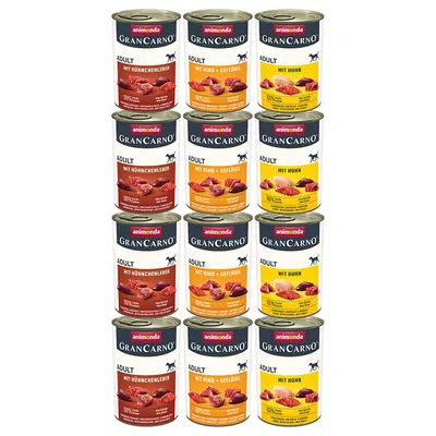 12 cans of animonda GranCarno Adult dog food, visible flavours: Mit Hühnerleber, Mit Rind + Geflügel, Mit Huhn. Labels show images of meat and text in German.