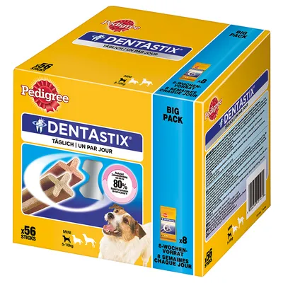 Pedigree Dentastix Big Pack, 56 sticks voor mini honden 5–10 kg. Täglich | Un par jour. 8-weken-voorraad. Vermindert tandsteenvorming tot 80%.