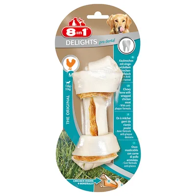 Osso masticabile 8in1 Delights pro dental con carne di pollo, formula anti-placca, taglia M per cani 12–35 kg. Testo visibile: 'chicken inside + minerals', 'the original'.