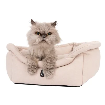 Beige huisdierenbed met een kat die erop ligt. Zichtbaar logo: Taki.