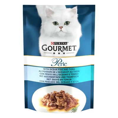 Purina Gourmet Perle с морской рыбой и тунцом. Изображение поданного влажного корма на тарелке.