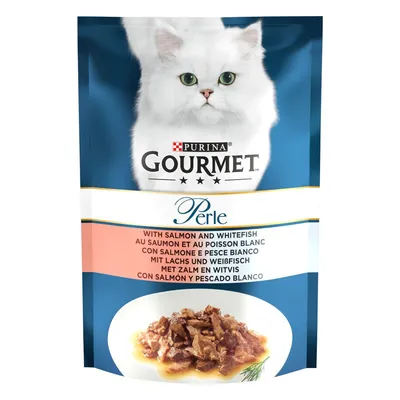 Purina Gourmet Perle с лососем и белой рыбой, влажный корм для кошек, изображение упаковки с продуктом.