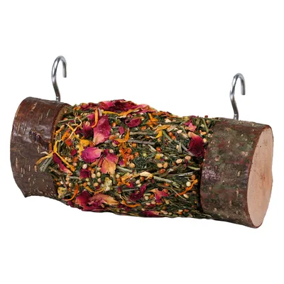 Rolo de madeira com gancho, coberto com ervas secas, flores e sementes. Adequado para pendurar.