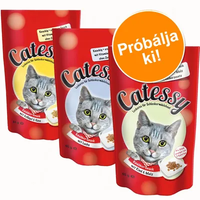 Catessy Knabber-Snack macska jutalomfalat, háromféle: baromfi & sajt, lazac, marha & maláta, 65 g. Narancssárga körben: Próbálja ki!
