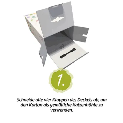 Instruktionsbild på öppen kartong med tysk text: Schneide alle vier Klappen des Deckels ab, um den Karton als gemütliche Katzenhöhle zu verwenden.