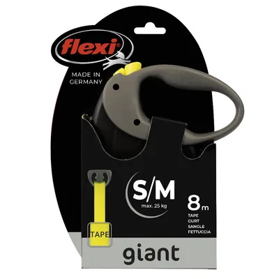 Flexi Giant S/M Hundeleine, Made in Germany, 8m Länge, geeignet für Hunde bis max. 25kg, gelbes Band mit Tape-Aufdruck.
