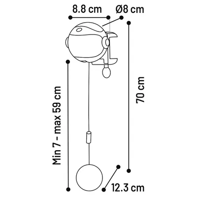 Diagramm mit Produktmassen: Durchmesser 8 cm, Breite 8.8 cm, Höhe 70 cm, Länge des Seils min. 7 cm bis max. 59 cm, Kugeldurchmesser 12.3 cm.