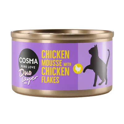 Cosma Pure Love Duo Layer. Pileći mousse s komadićima piletine. Ljubičasta limenka s crnom siluetom mačke i žutim simbolom kokoši.