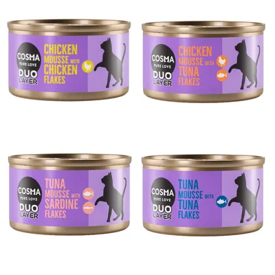 Cosma Duo Layer cat food in four varieties: chicken mousse with chicken flakes, chicken mousse with tuna flakes, tuna mousse with sardine flakes, tuna mousse with tuna flakes.