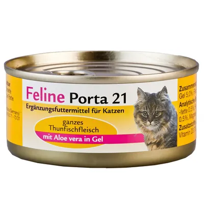Feline Porta 21 Ergänzungsfuttermittel für Katzen, ganzes Thunfischfleisch mit Aloe vera in Gel. Dåse med billede af kat og tysk tekst om ingredienser og analyseværdier.
