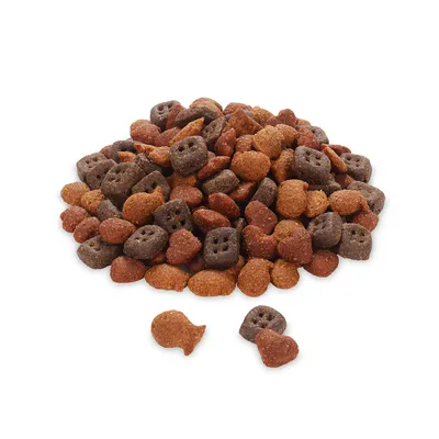 Trockenfutter in verschiedenen Formen und Farben, darunter braune, rote und orange Stücke mit Herz-, Fisch- und Würfelformen.