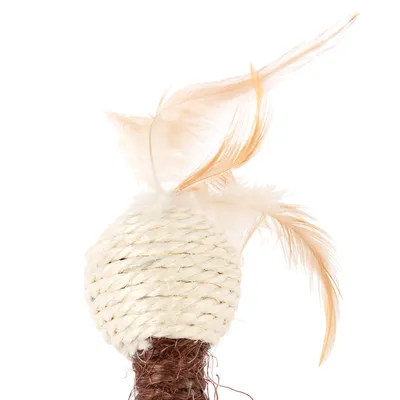 Juguete de cuerda blanca con plumas marrones, adecuado para juego interactivo.