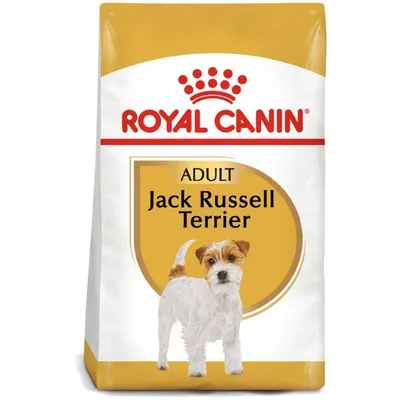 Opakowanie karmy Royal Canin Adult Jack Russell Terrier z wizerunkiem psa tej rasy i widoczną nazwą produktu na żółtym tle.