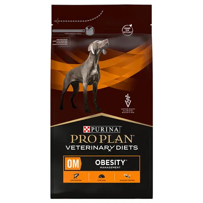 Zak Purina Pro Plan Veterinary Diets OM Obesity Management hondenvoer, zichtbare tekst: high protein, low kcal, glucose control. Hond afgebeeld op de verpakking.