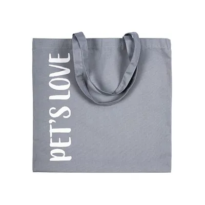 Borsa in tessuto grigio con manici e scritta bianca verticale 'PET'S LOVE' sul lato sinistro. Borsa in tessuto grigio con manici e scritta bianca verticale 'PET'S LOVE' sul lato sinistro.