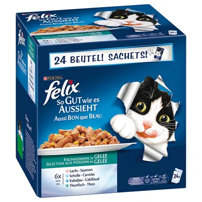 Purina Felix So Gut wie es aussieht, 24 sachets. Fish selection in jelly: salmon, plaice, cod, tuna. Text in German and French. Cartoon cat on blue box.