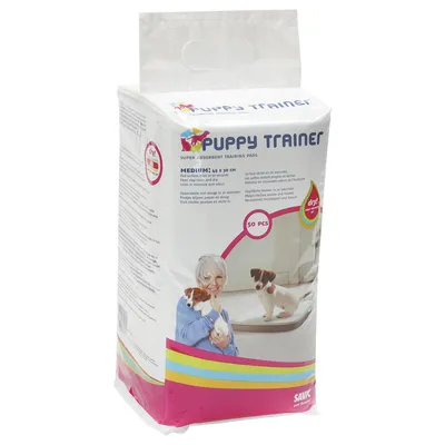 Puppy Trainer Super Absorbent Training Pads, Medium 45 x 30 cm, dry! Technologie, Verpackung zeigt Hund auf Trainingsmatte und Produktdetails.